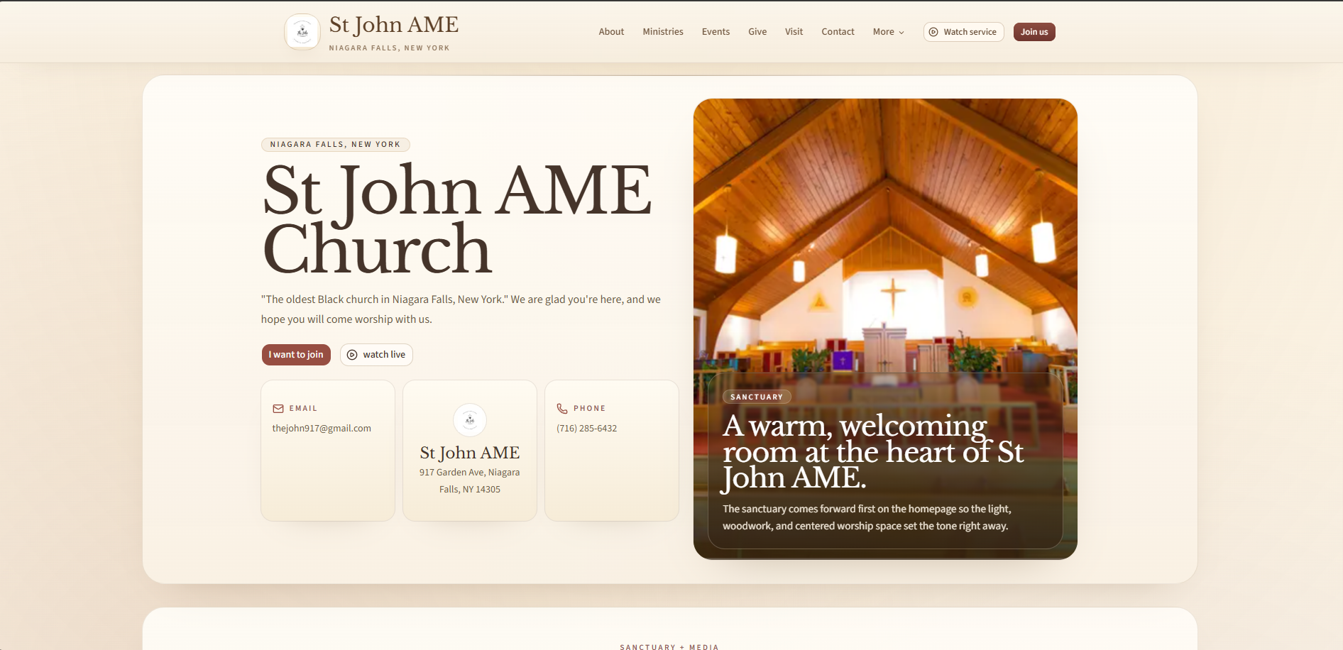 Homepage design for St. John AME Church in Niagara Falls