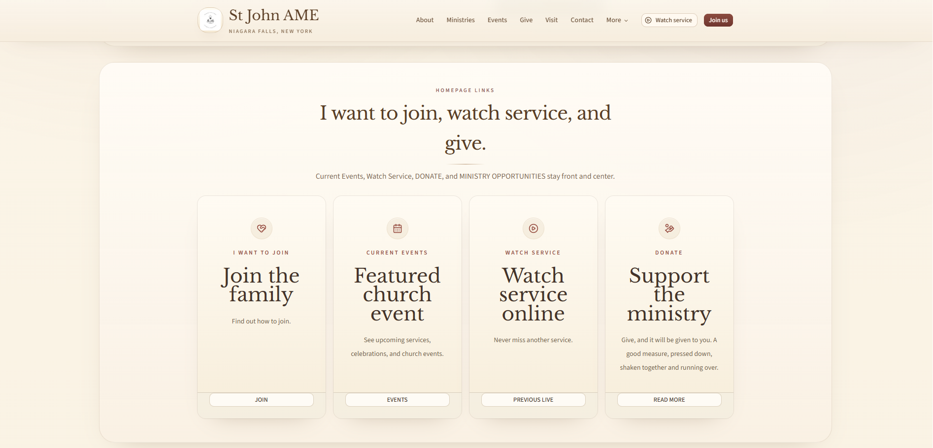 St. John AME Church homepage links section